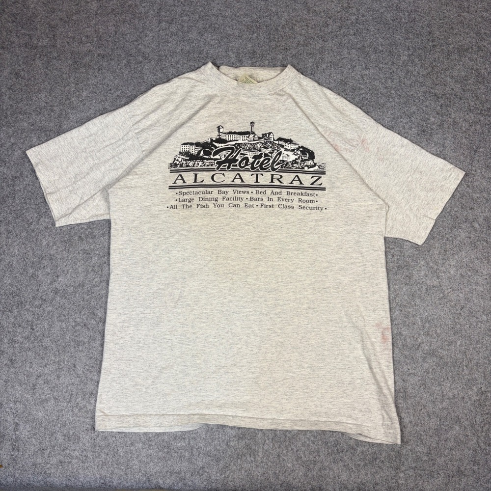 Vintage Prairie Mountain Hotel Alcatraz T Shirt Grey L Made in USA 90s Graphic